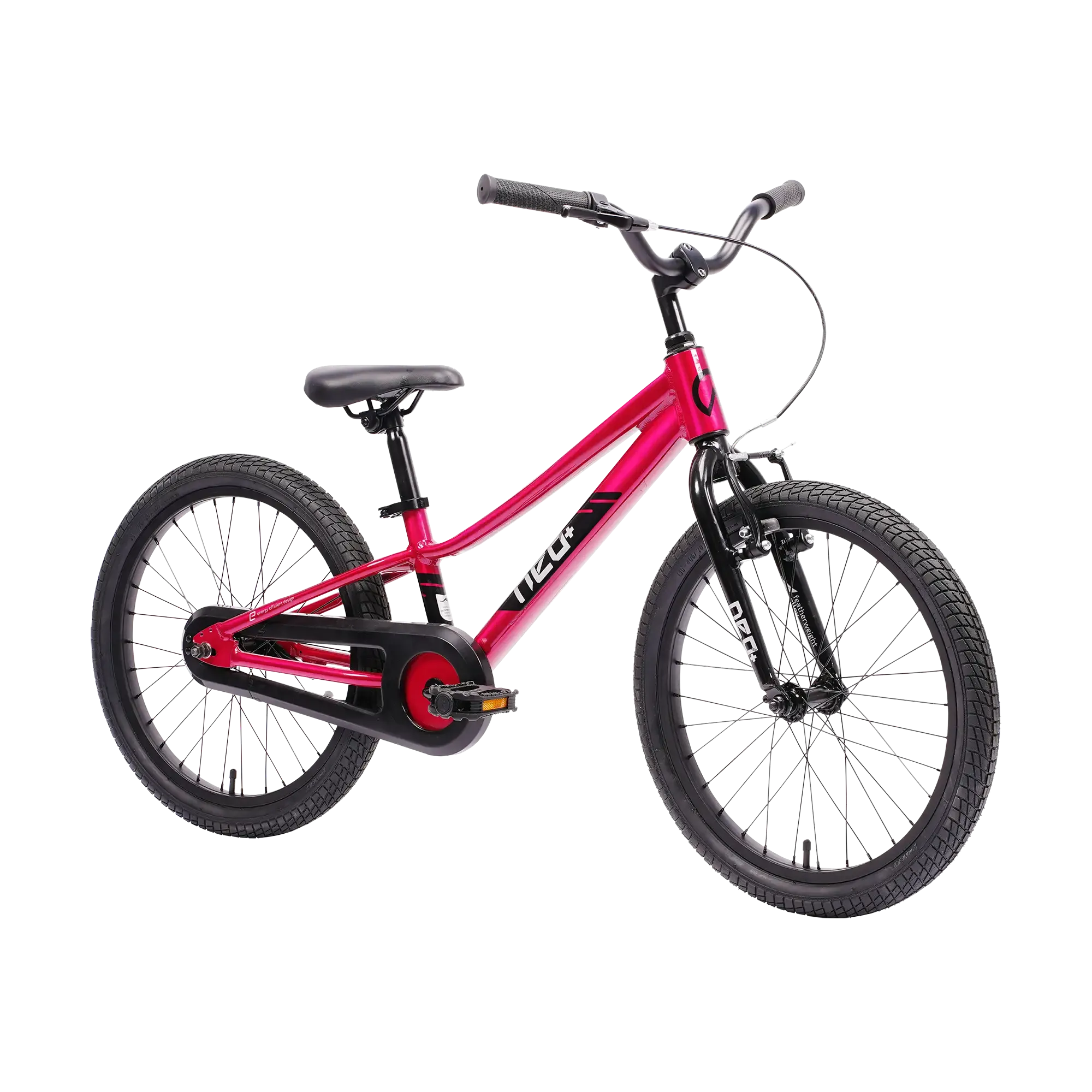 A kids' NEO bicycle with a vibrant pink frame, black handlebars, black tyres, and a black seat, shown from a three-quarters angle on a white background.
