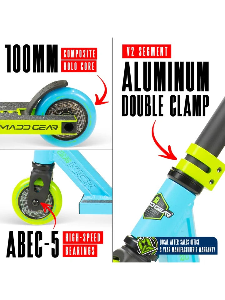 Madd Gear scooter with highlighted features on a white background