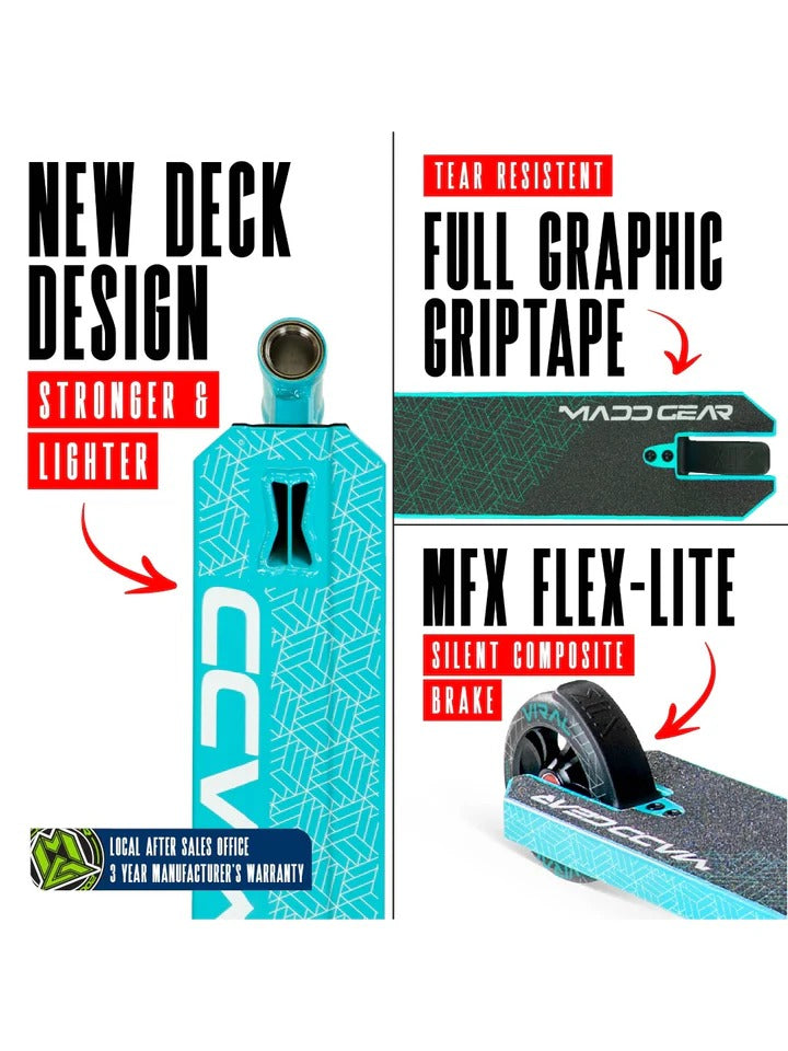 Promotional image of a scooter with text highlighting features like new deck design, full graphic griptape, and MFX Flex-Lite brake.