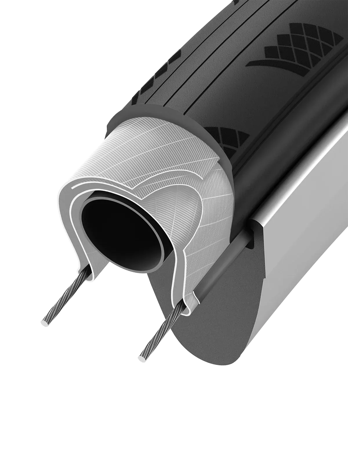 Dissection of the nylon casing on a road bike tyre on a white background