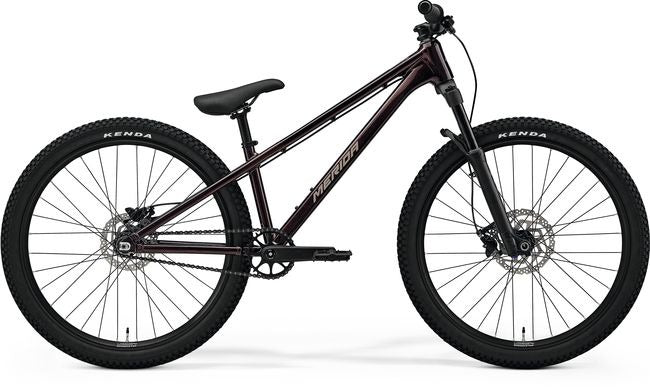 Black Merida Dirt Jump Bicycle with Kenda tyres on a white background