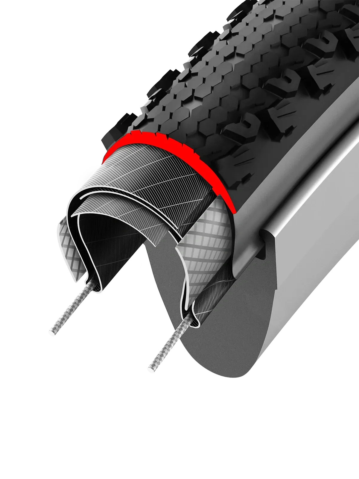 Close-up of a dissection of a bicycle tyre with tread pattern and casing details on a white background