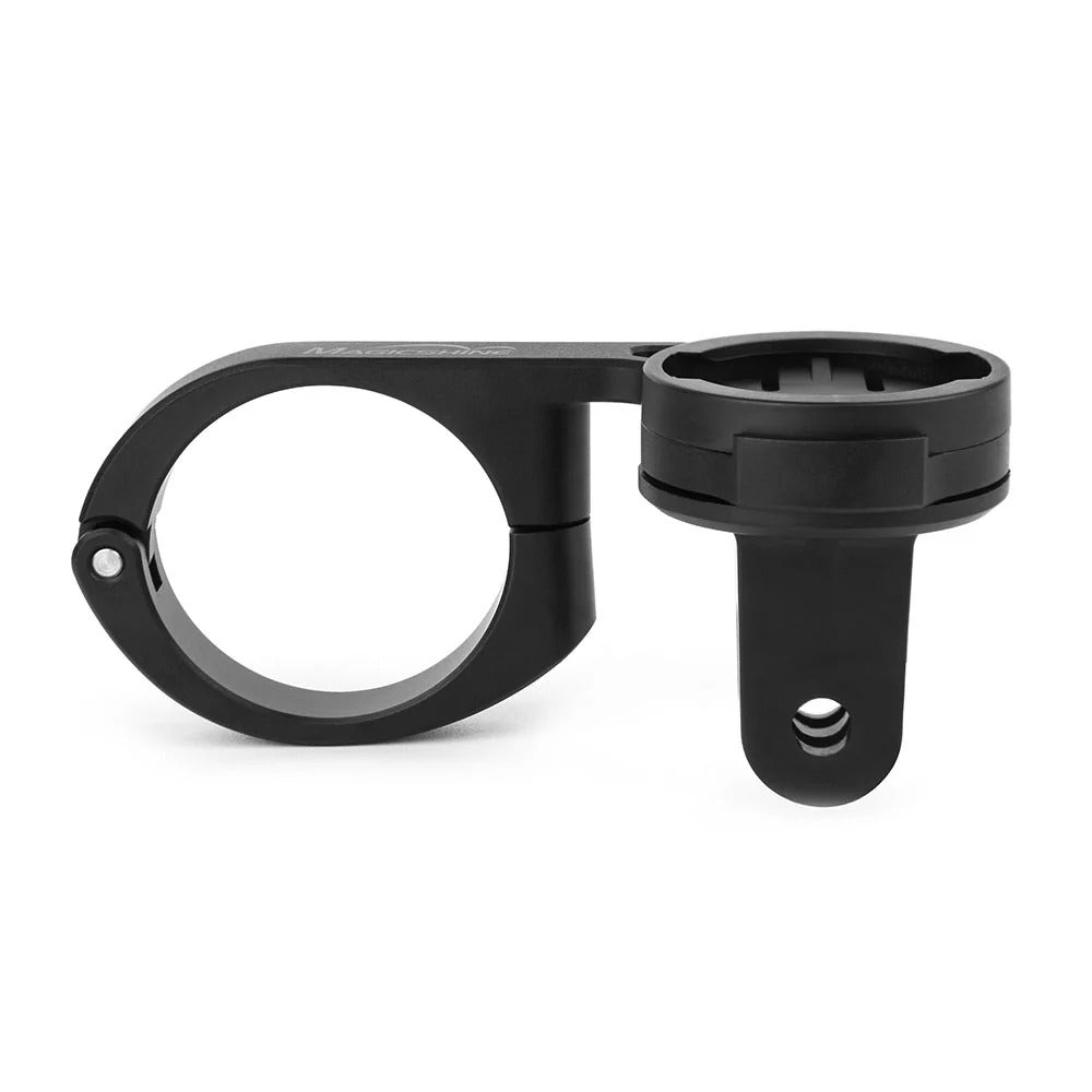 Black bike handlebar computer mount on a white background