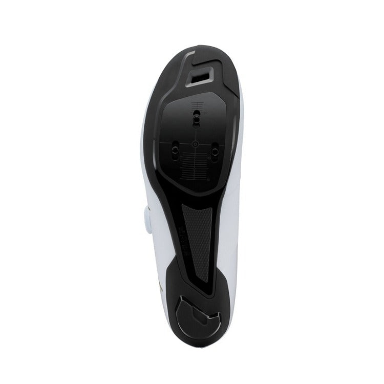 Black sole of white cycling shoe showing the cleat bolts against a white background