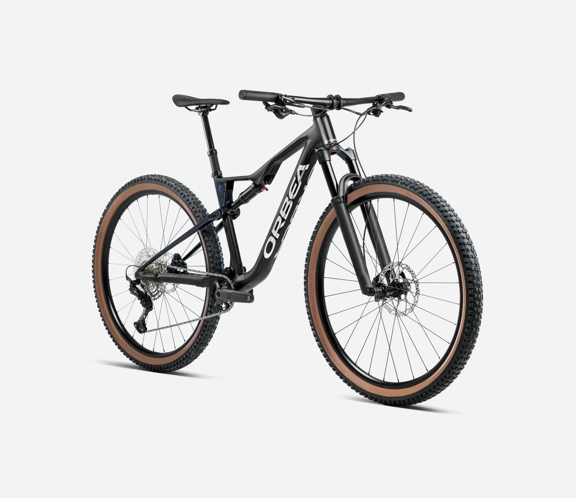 Black Orbea dual suspension mountain bike with brown tyres on a white background