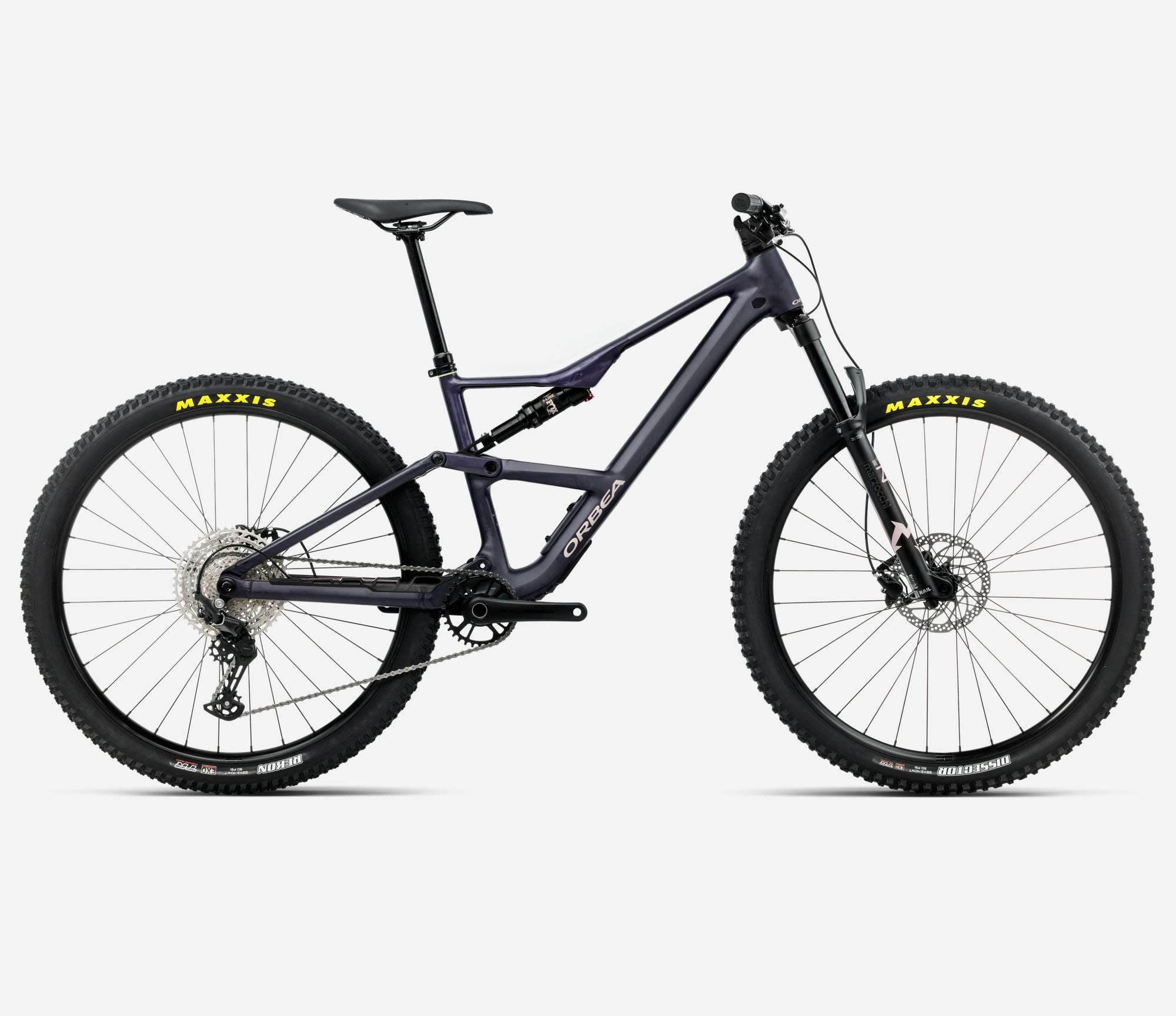 A charcoal grey Orbea Dual Suspension Mountain Bike against a white background