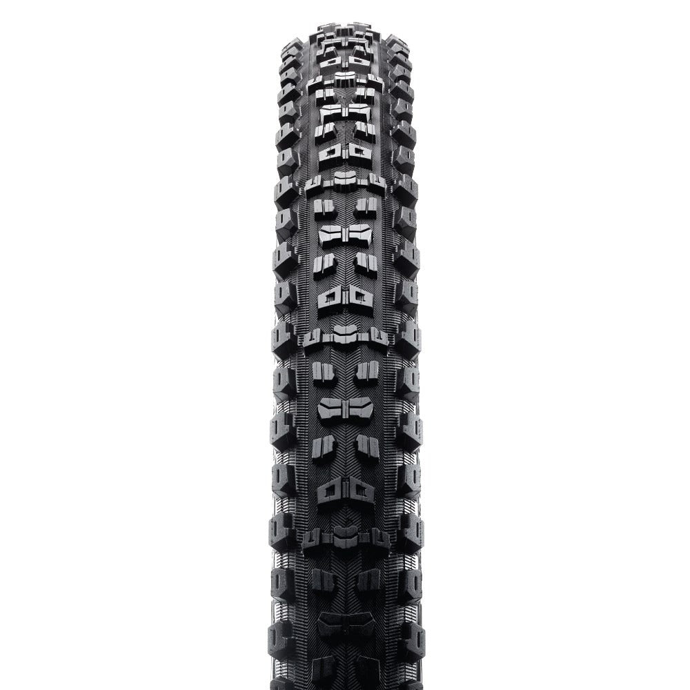 Mountain bike tyre showing aggressive tread pattern on a white background
