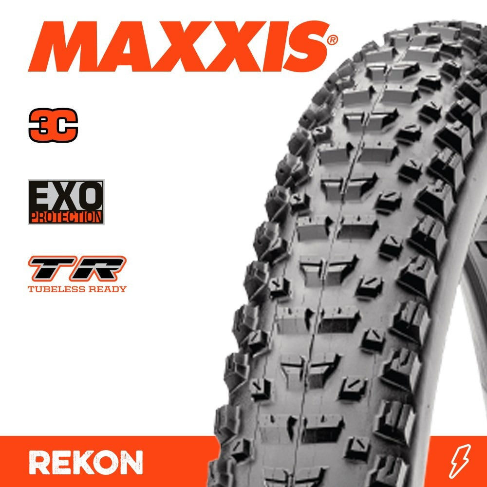 Maxxis Rekon mountain bike tyre with tread pattern and branding on a white background