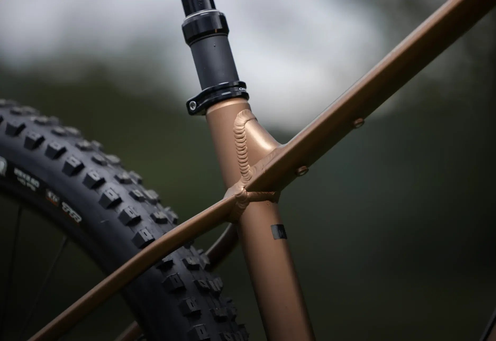 Close-up of a bronze mountain bike frame with a blurred background