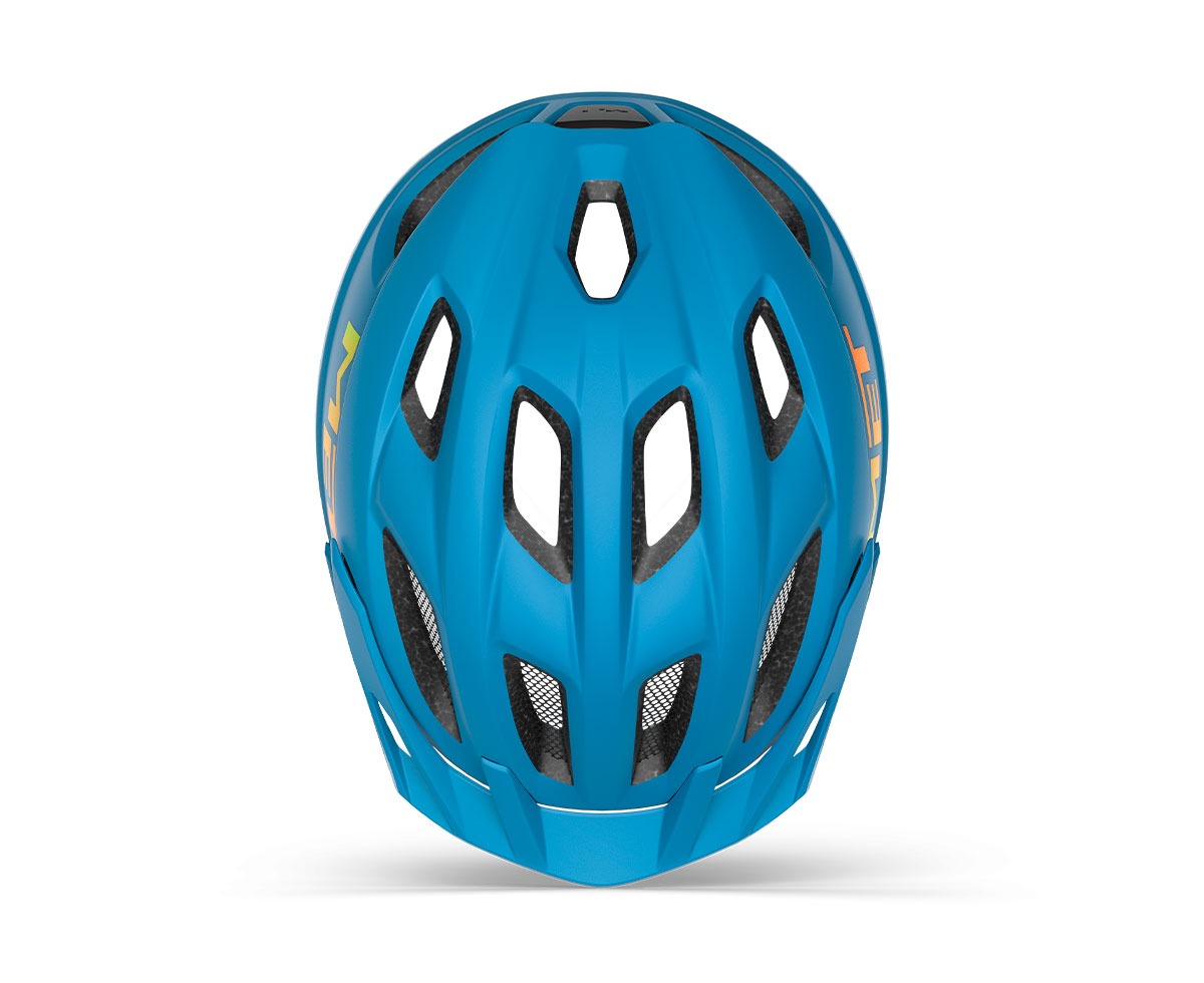 Bird's eye view of a Blue mountain bike helmet on a white background