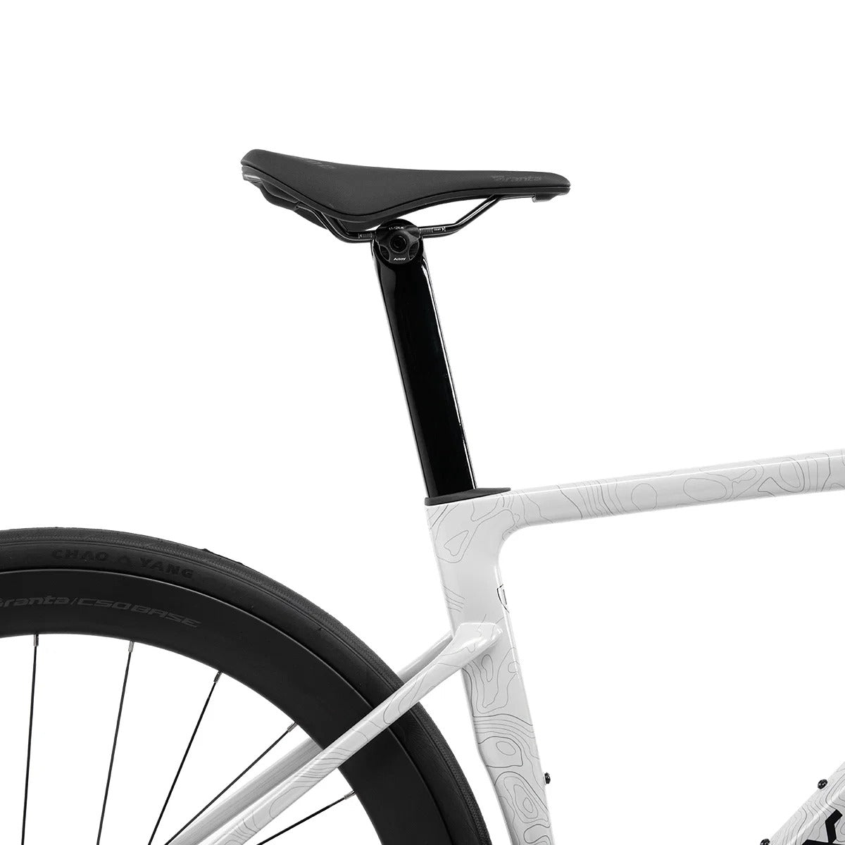 Close-up of a bicycle seat and frame on a white background