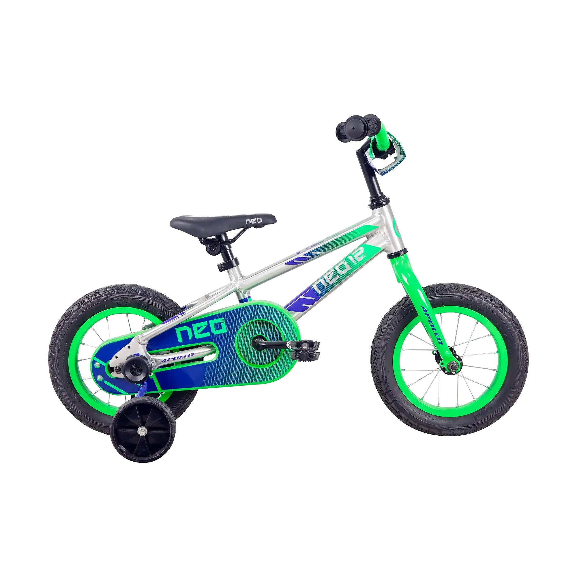 Kids Blue, silver and green Neo 12" Bike with training wheelson a white background