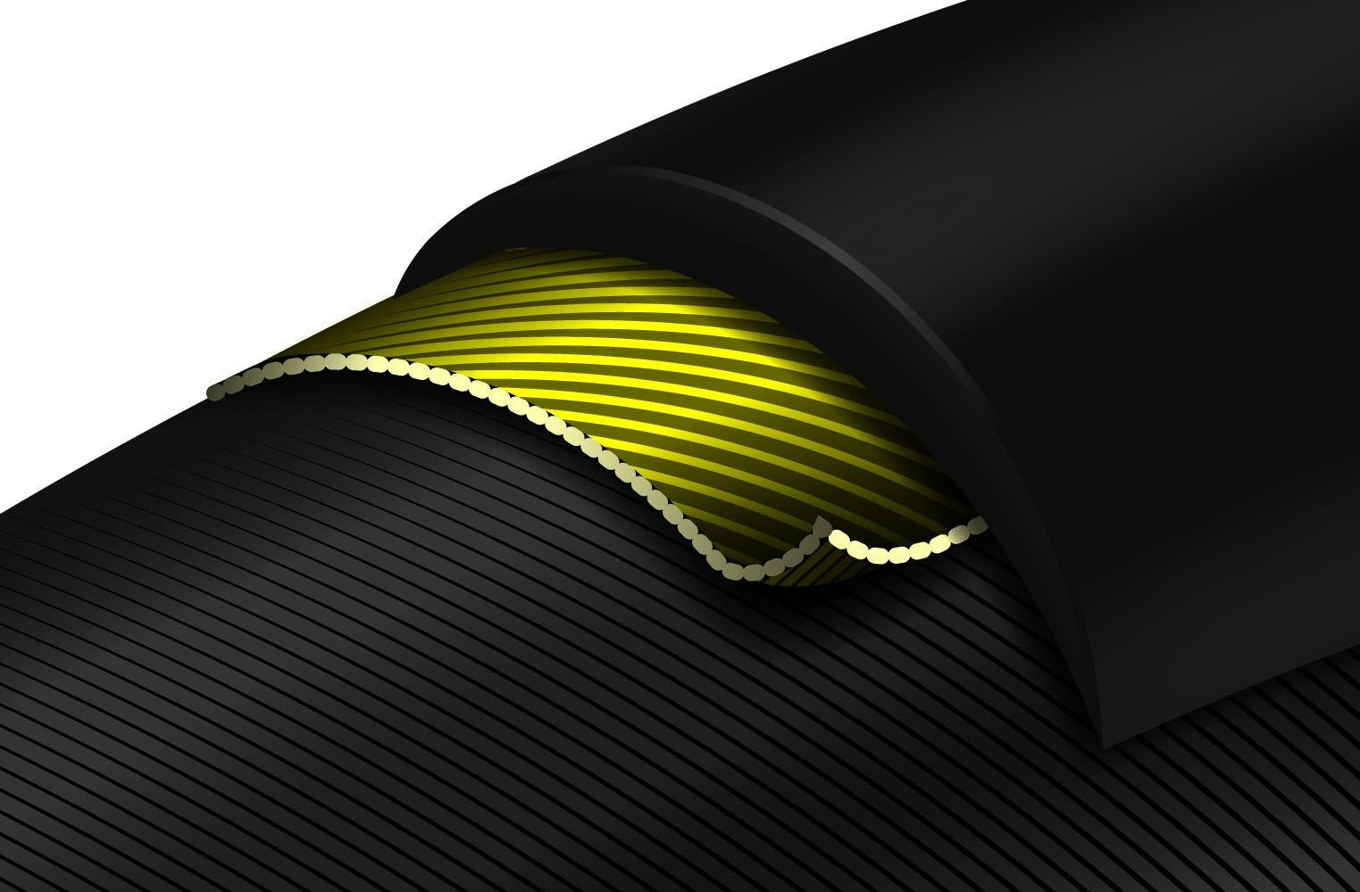 Close-up of the yellow vectran protection on a Continental GP 5000 Road Tyre  on a white background