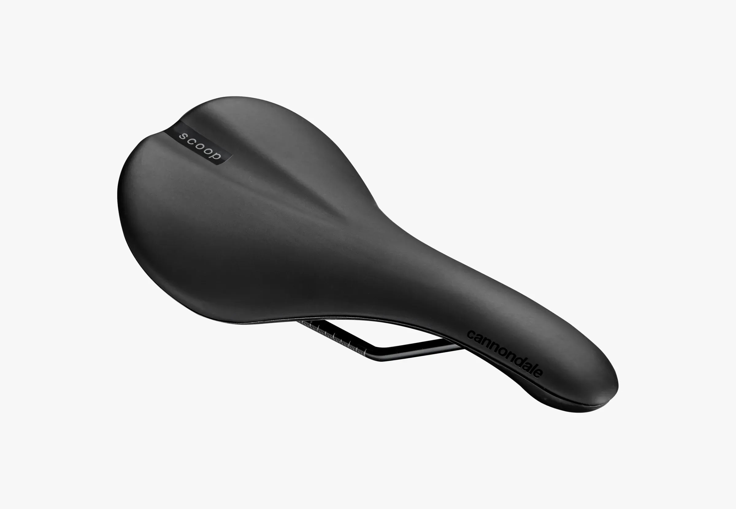 Black bicycle saddle with 'scoot' branding on a white background