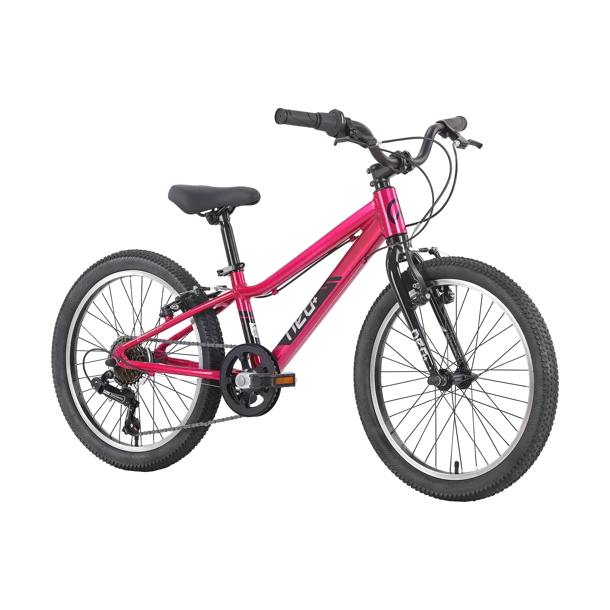 A kids' bicycle with a vibrant pink frame, black handlebars, saddle, and tyres, featuring the brand name 'NEO' on the down tube, shown against a plain white background.