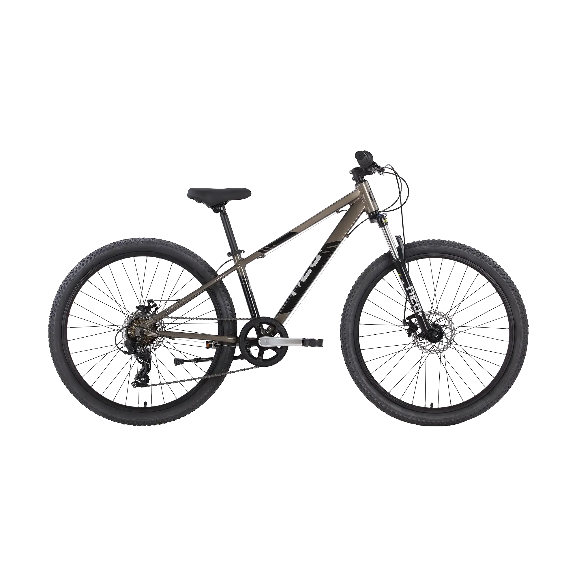 A mountain bike with a matte brown and black frame, black tyres, and a black saddle, shown from a side profile on a solid white background.