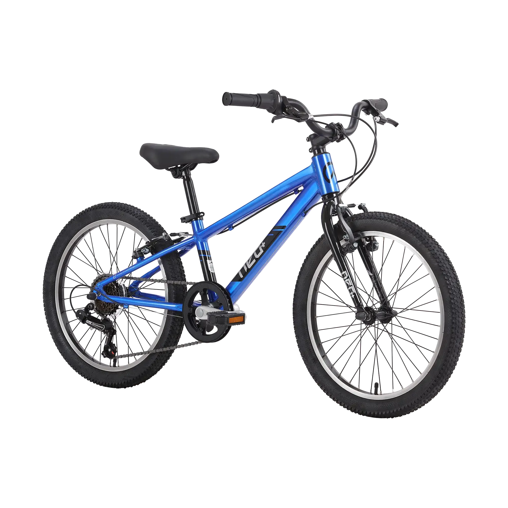 A blue kids' bicycle with black components, including the saddle, handlebars, tyres, and fork, shown on a plain white background.