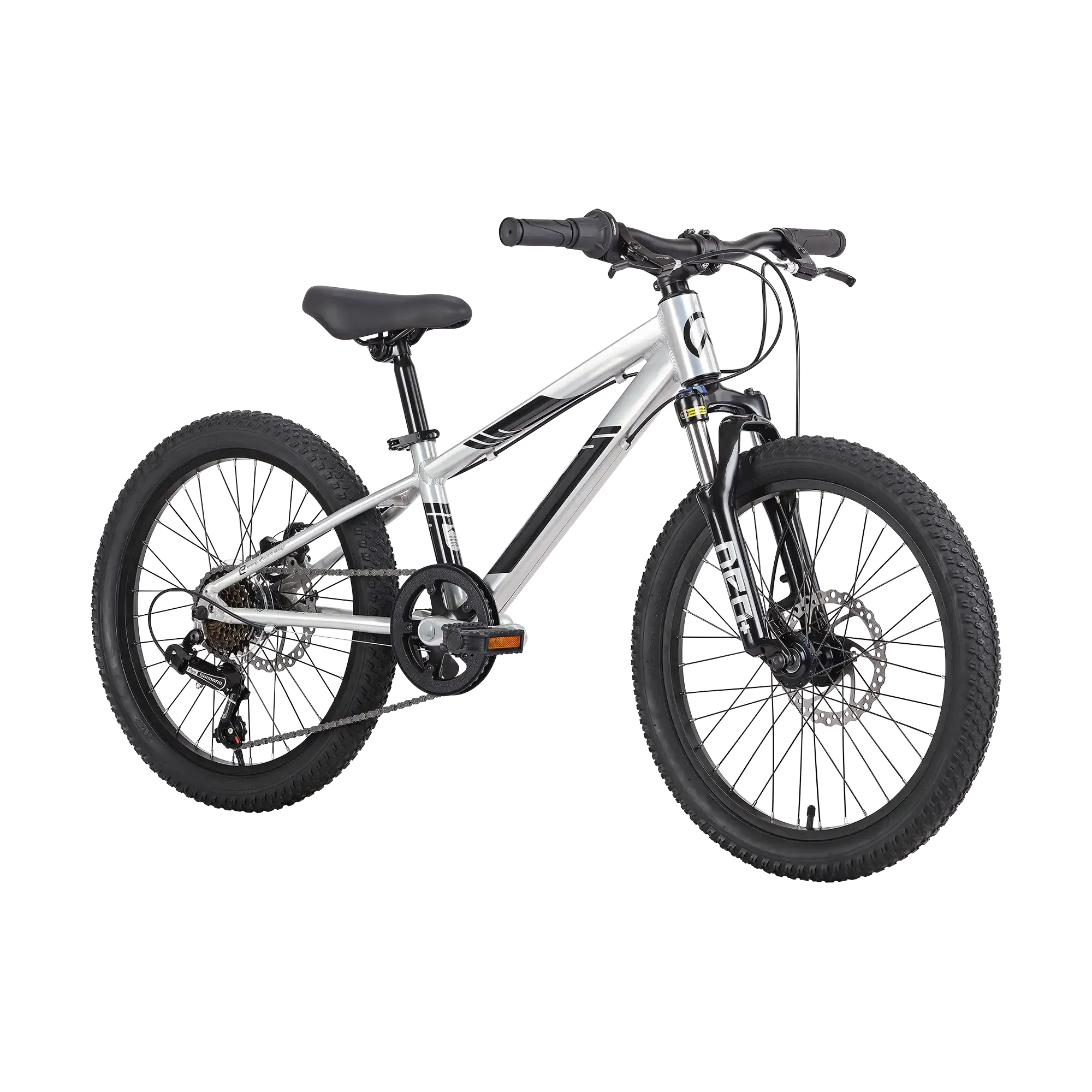 A kids' mountain bike with a silver and black frame, black suspension fork, black saddle, and knobby tyres, shown on a plain white background.