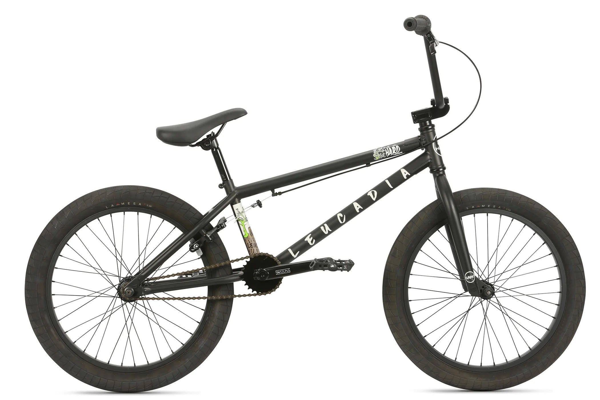 Black BMX bicycle with 'Haro Leucadia' branding on a white background