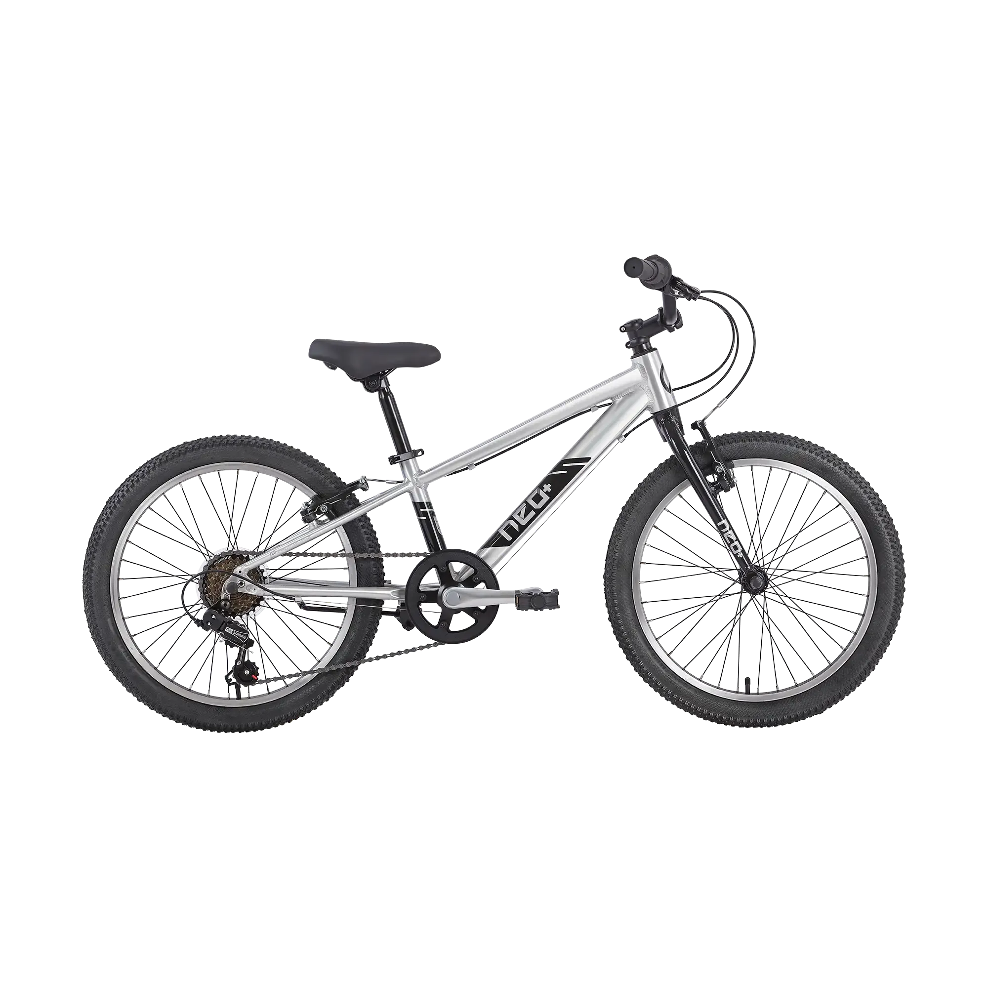A silver and black Neo Kids bicycle shown from the side against a plain white background.