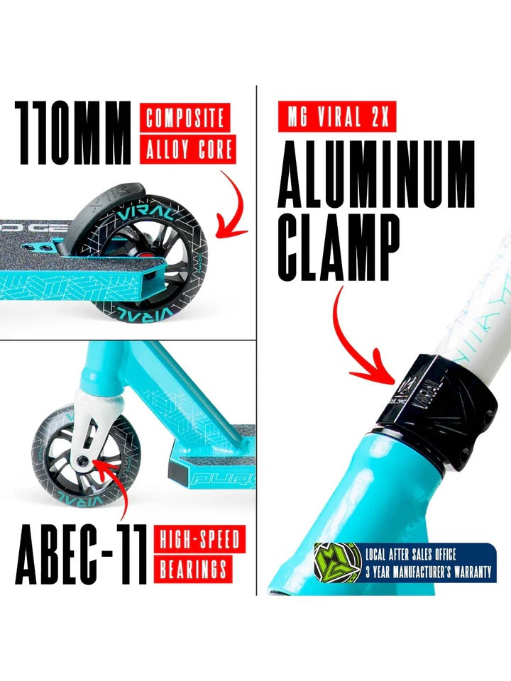 Aqua scooter with highlighted features like 110mm composite alloy core, KB Viral 2X aluminum clamp, and ABEC-11 high-speed bearings on a white background.