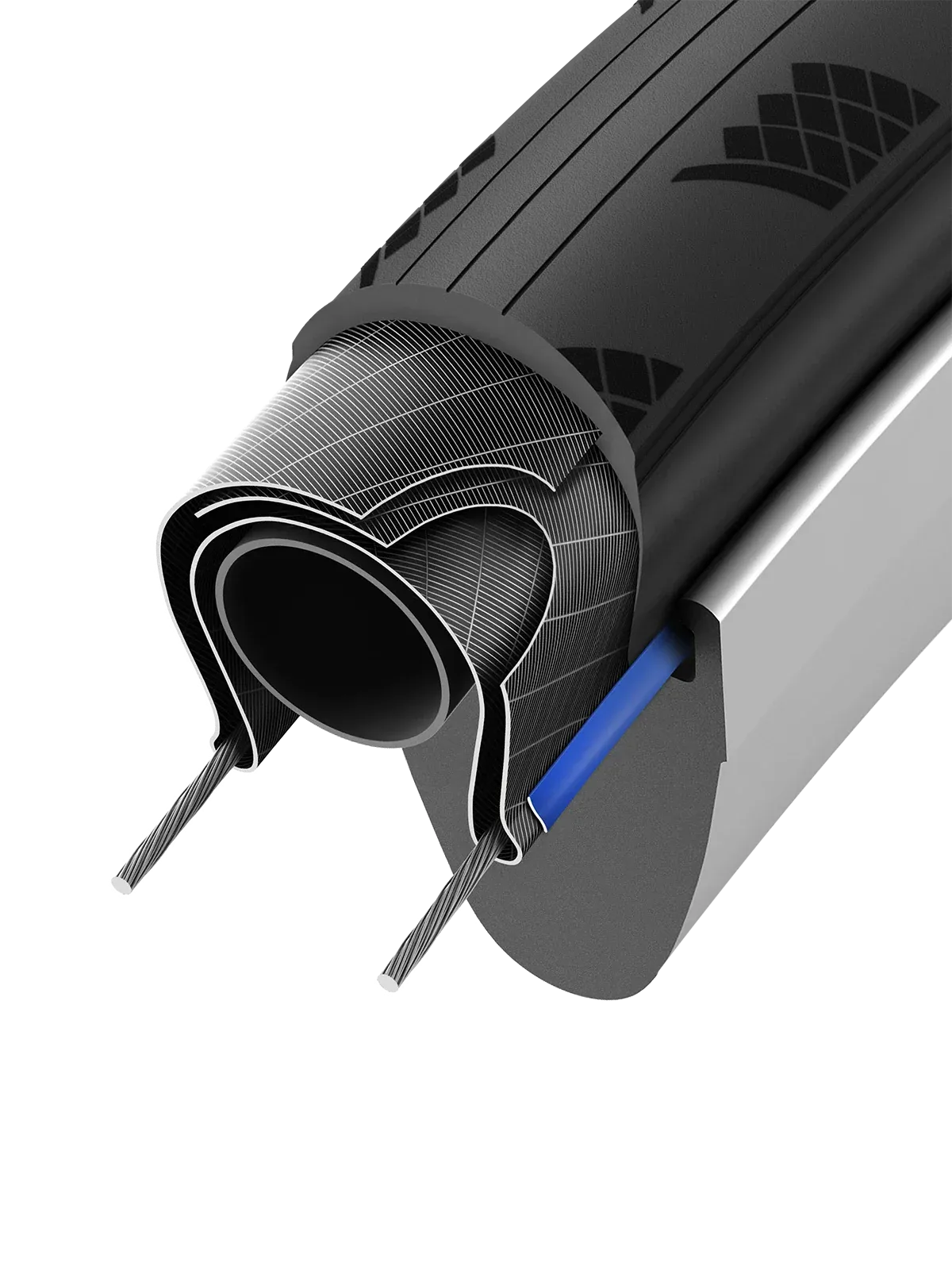Dissection showing the Bead Shield on a road bike tyre on a white background