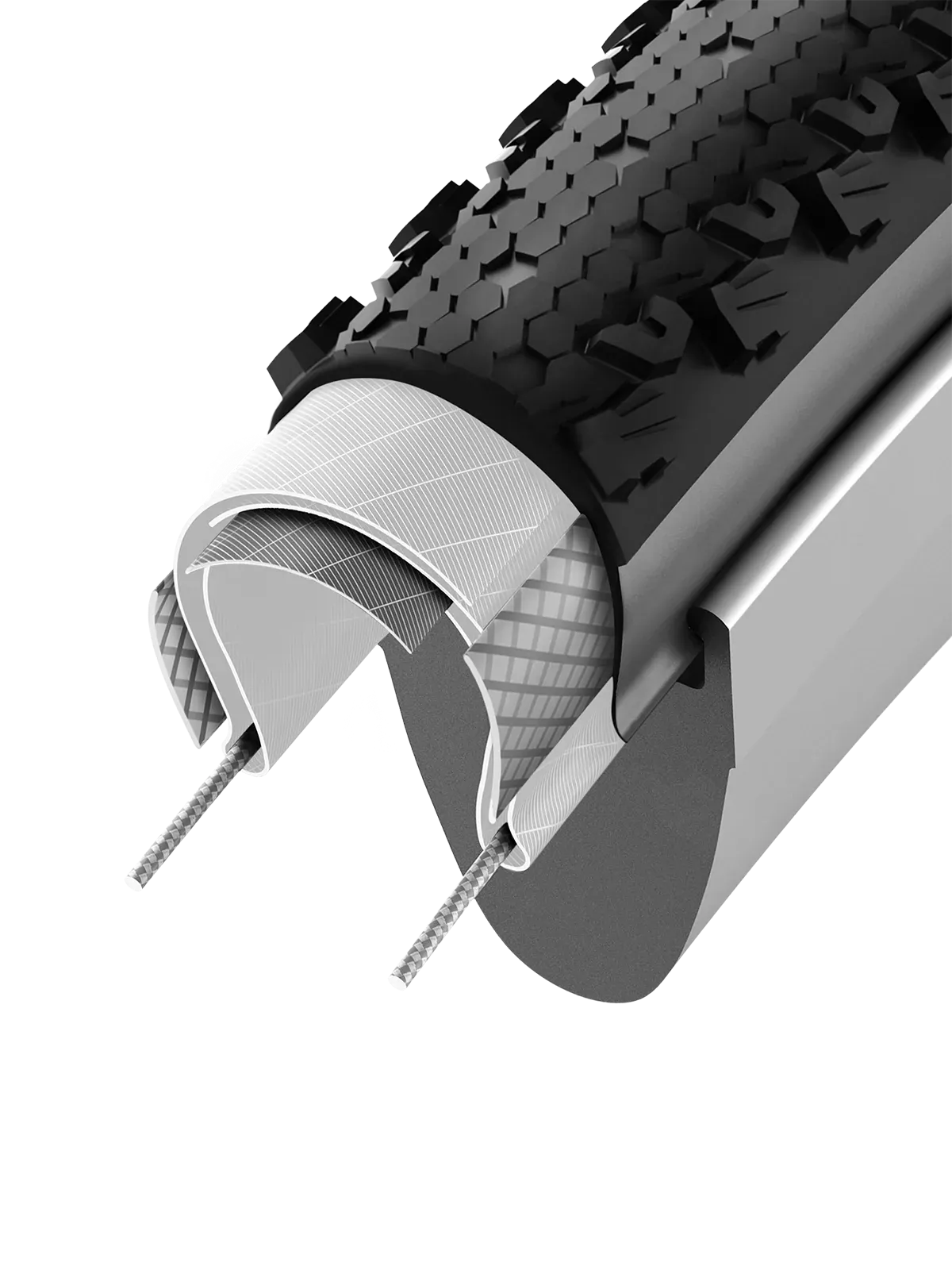 Close-up of a dissection of a bicycle tyre with tread pattern and sidewall details on a white background