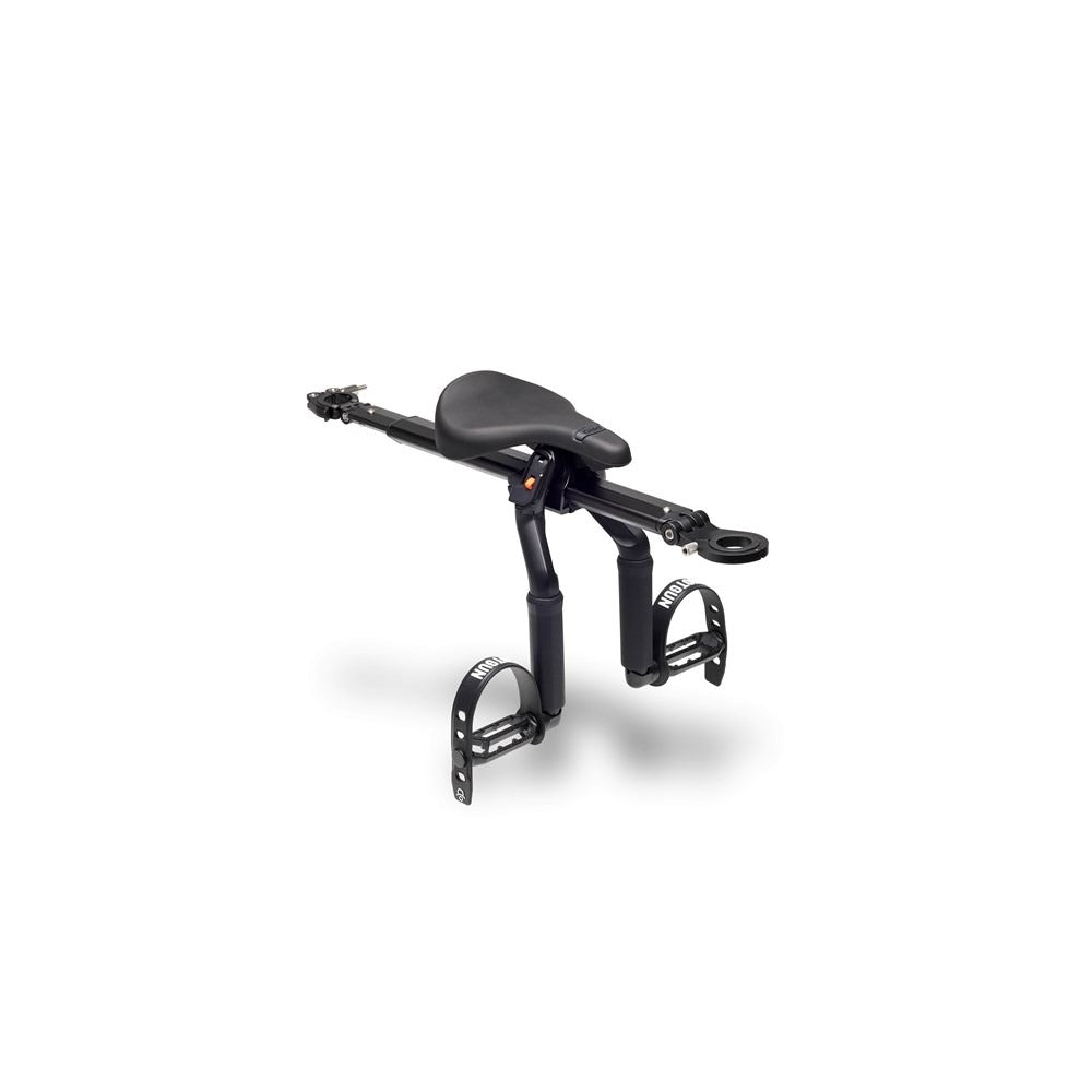 A black bicycle kids seat with a saddle seat, hand grips, and two footrests, shown on a clean white background.