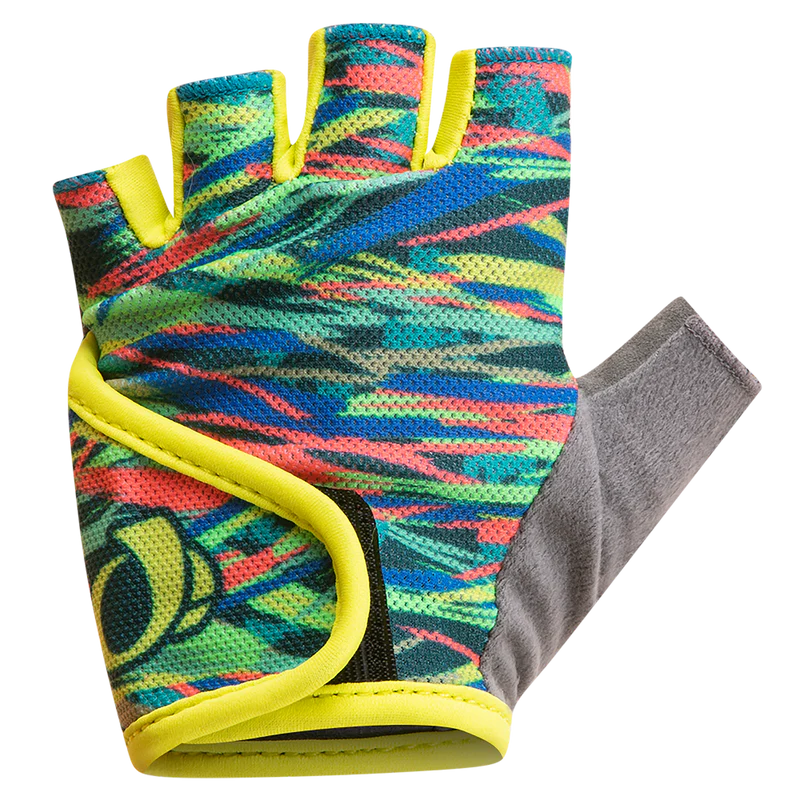 Colorful patterned kids cycling glove with yellow accents on a white background