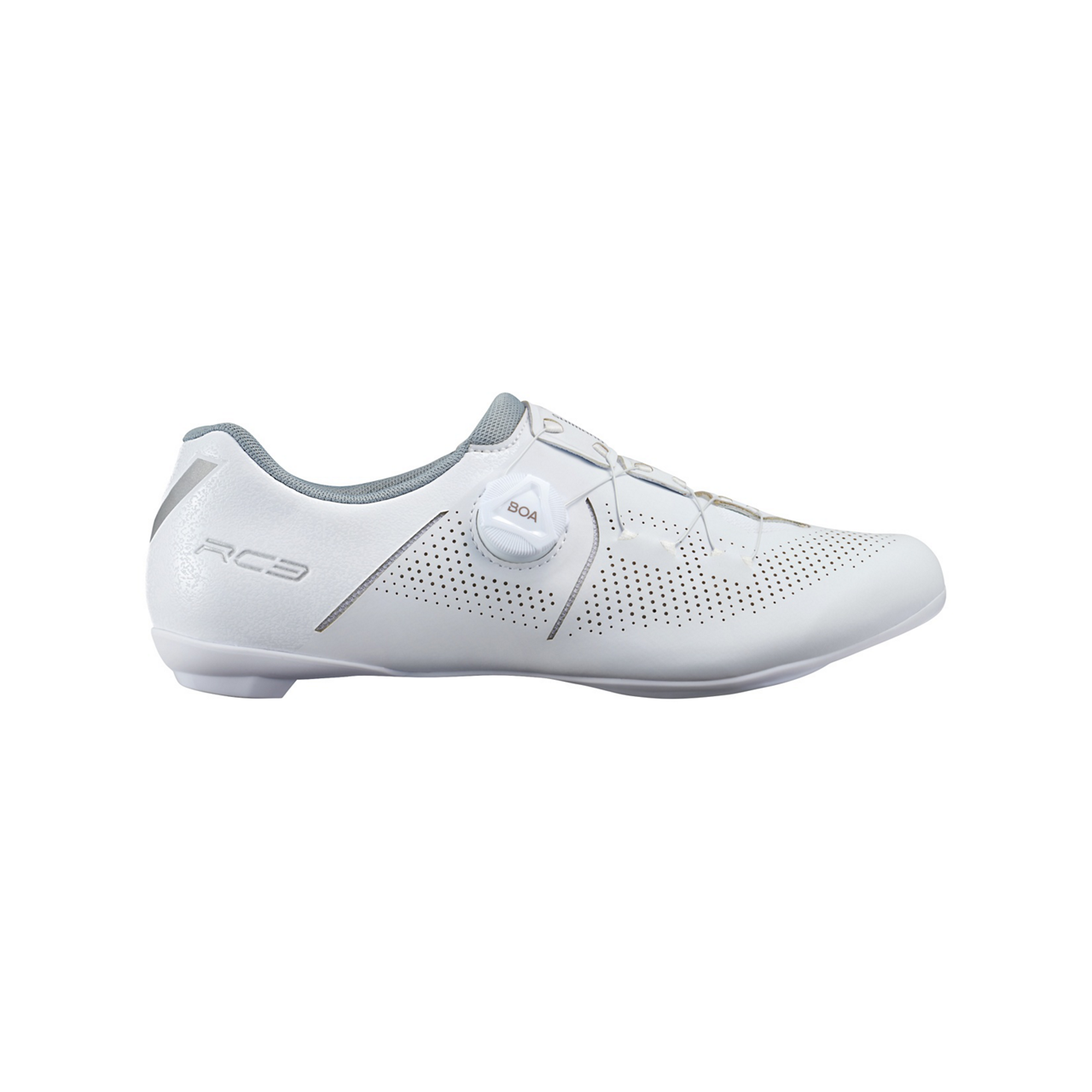 White Shimano cycling shoe with 'RC3' branding on a white background