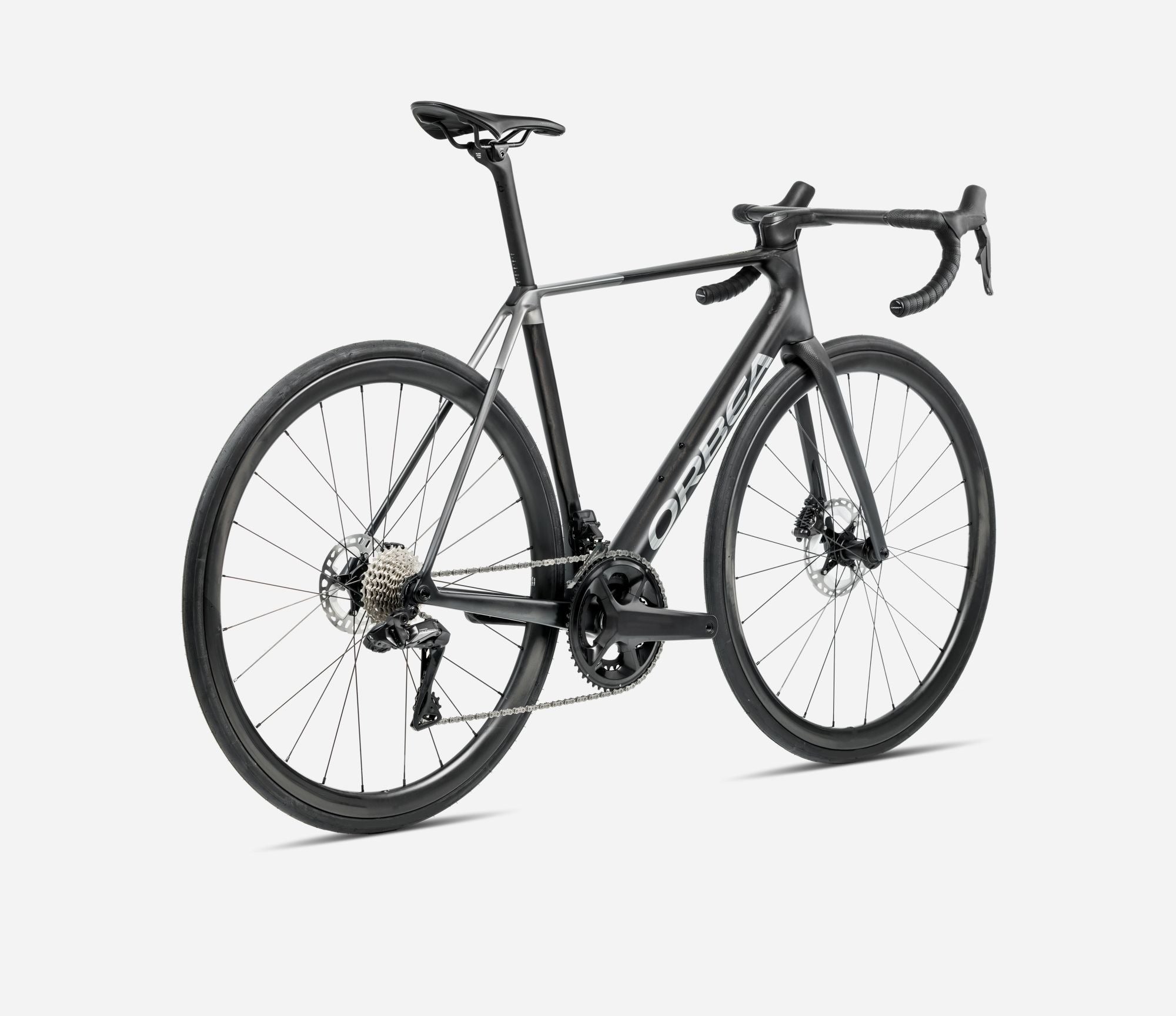 Charcoal Orbea Road Bike against a white background