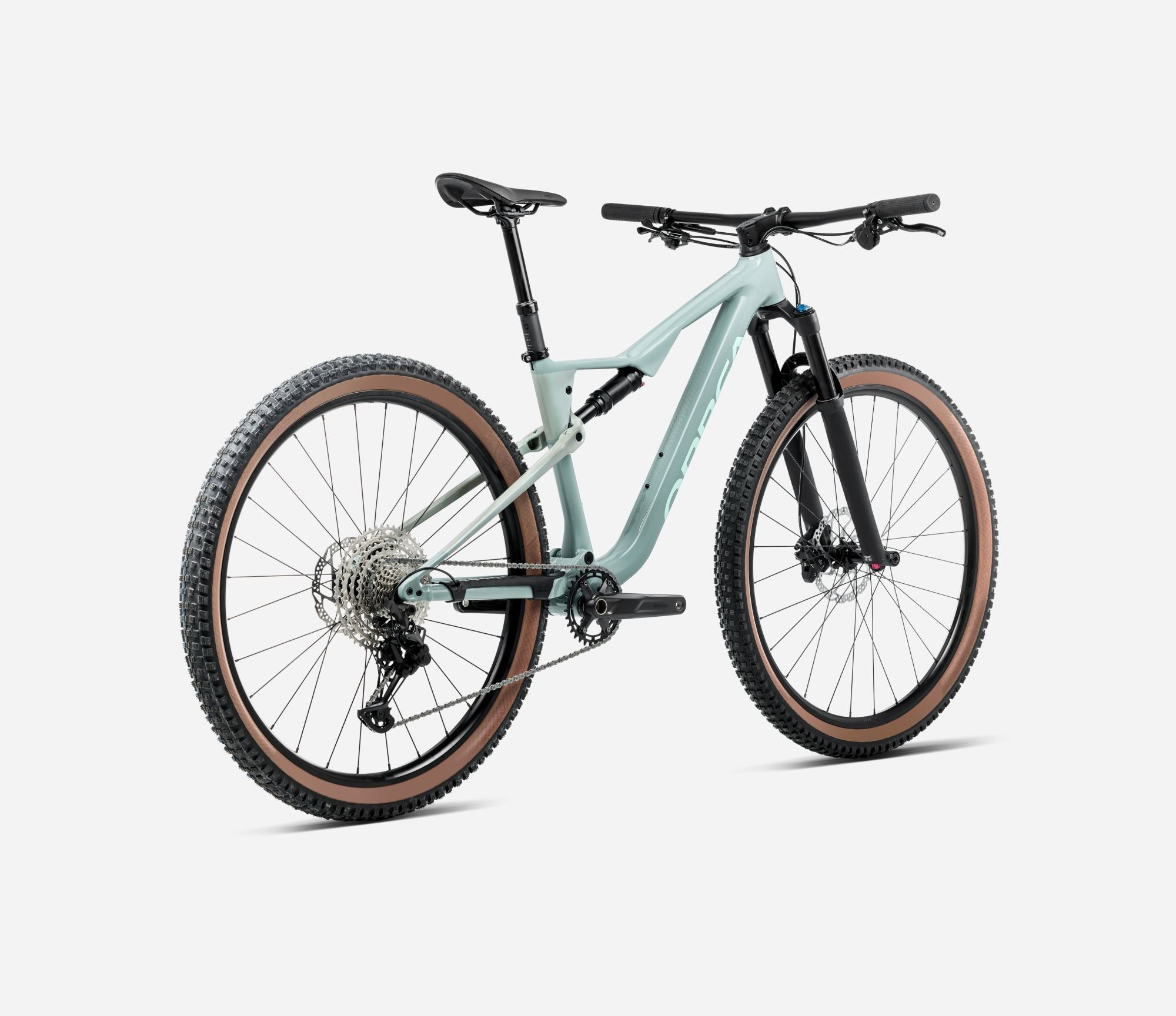 Light blue dual suspension mountain bike on a white background