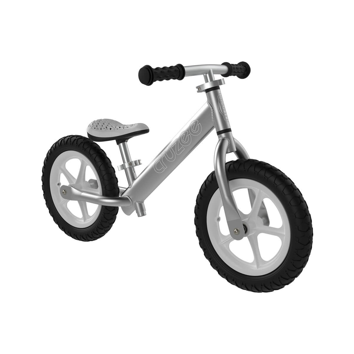 Silver Cruzee Ultralite Balance Bike on a white background