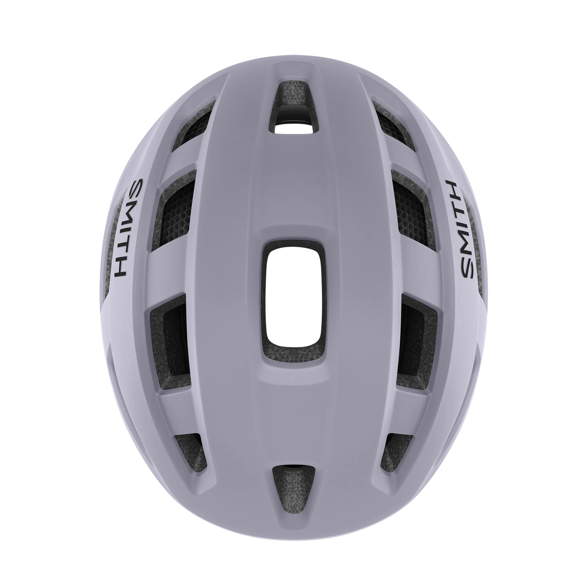 Top view of a lilac road bike helmet with 'Smith' branding on a white background