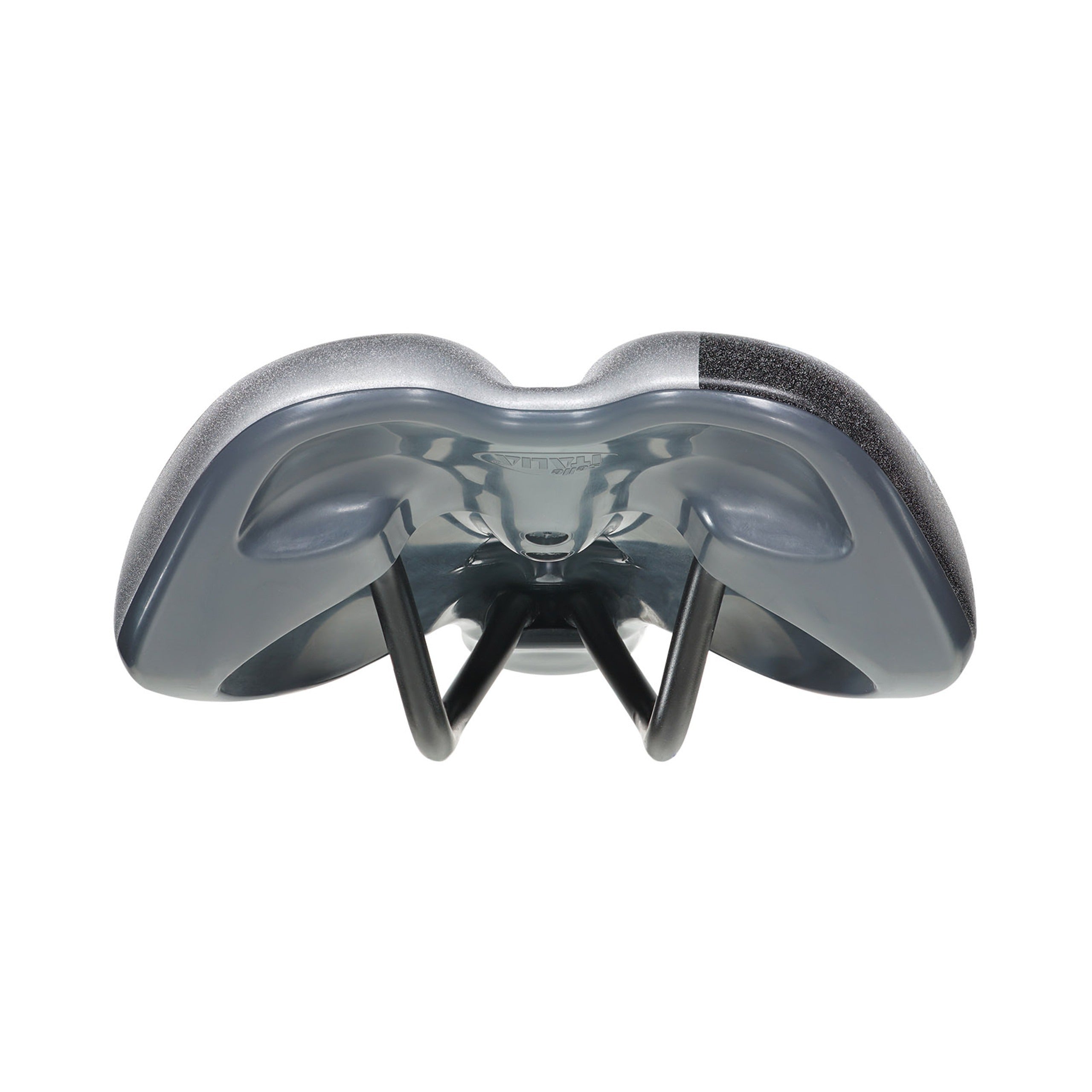 The back of a Road bike saddle showing the reflective material on a white background