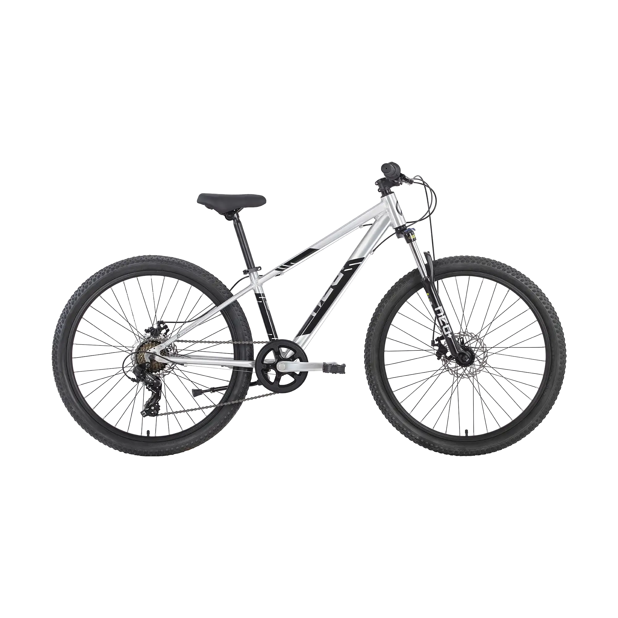 A silver and black mountain bike with knobby tyres, disc brakes, and a suspension fork, shown from a side profile on a solid white background.
