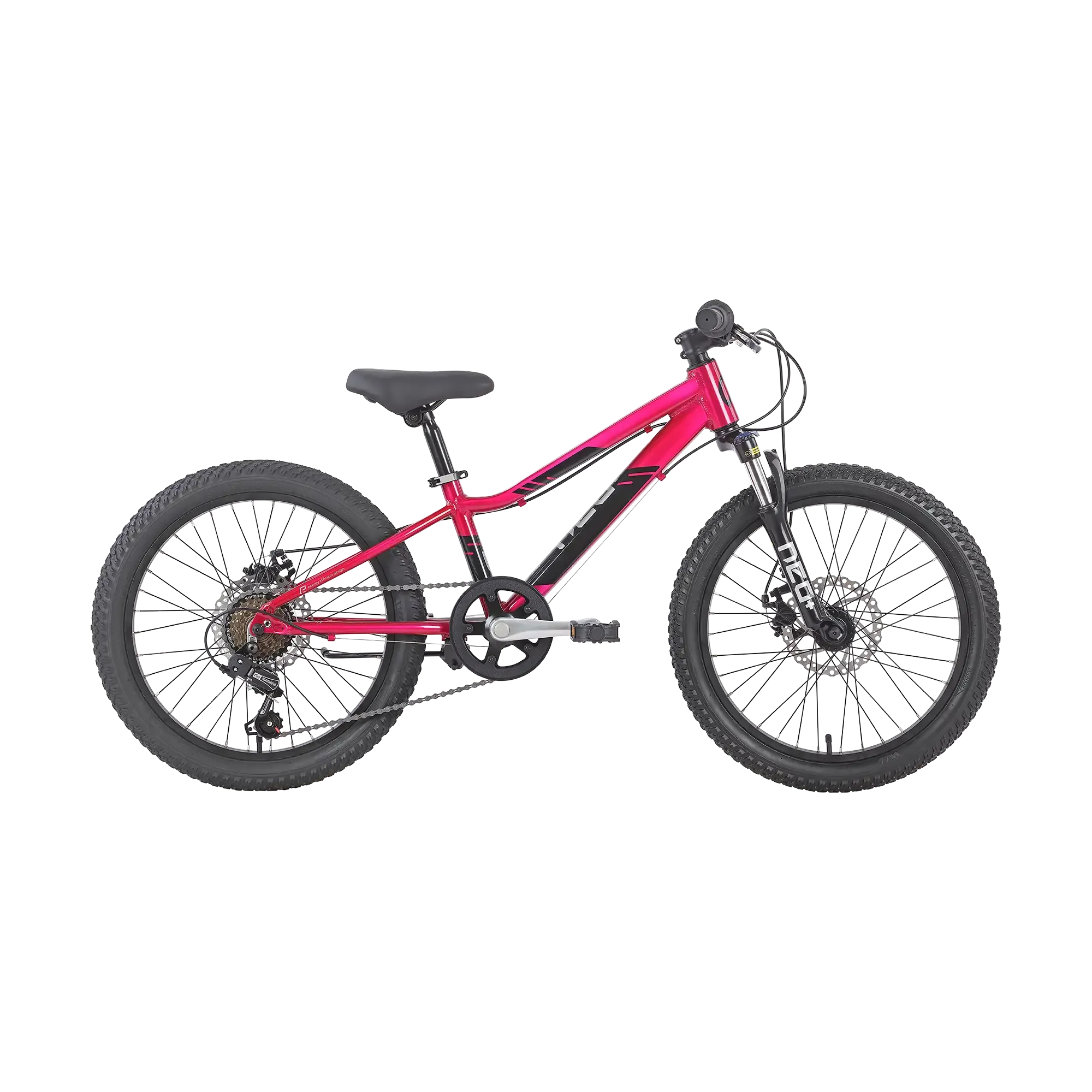 A kids' mountain bike with a vibrant pink frame and black components, including tyres, saddle, handlebars, and fork, shown from a side profile on a white background.