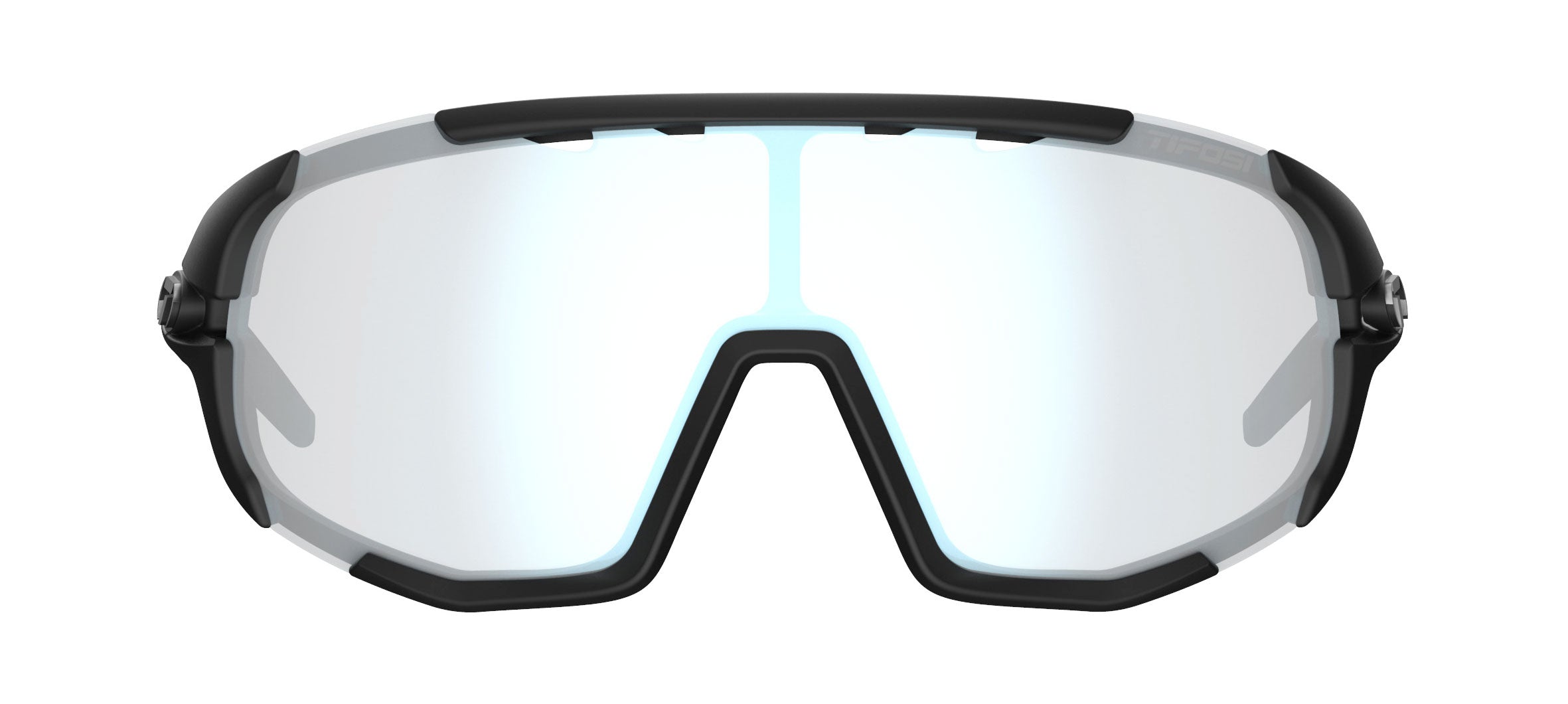 Black cycling sunglasses with reflective lenses on a white background