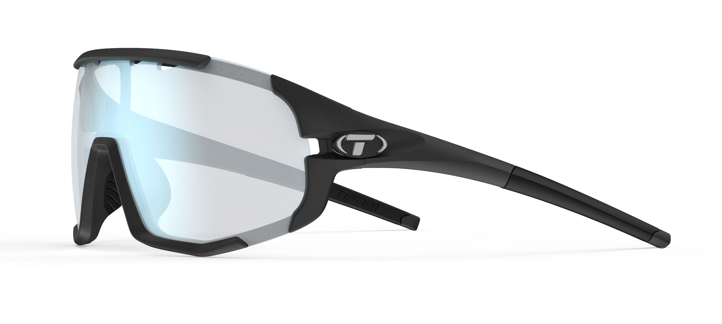 Black sunglasses with reflective lenses on a white background