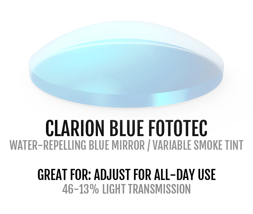 Clarion Blue Fototec water-repellent blue lens for sunglasses with variable smoke tint on a white background