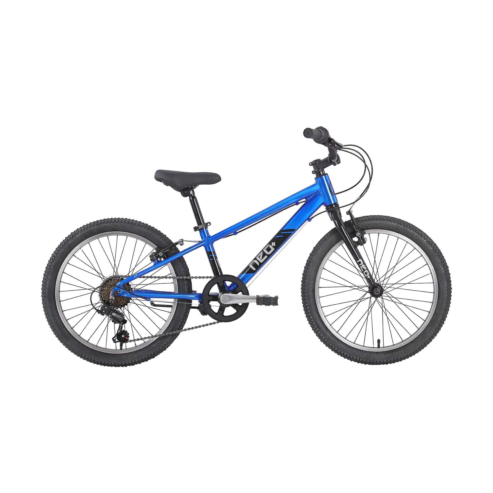 A blue kids' bicycle with black tyres, saddle, and handlebars, featuring a prominent 'NEO' brand logo on the frame, shown against a plain white background.