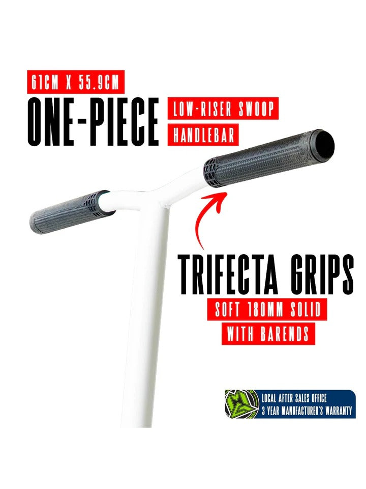 One-piece low-riser swoop scooter handlebar with Trifecta Grips on a white background