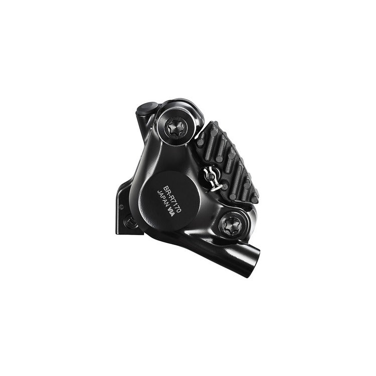 Black Shimano brake calliper on a white background
