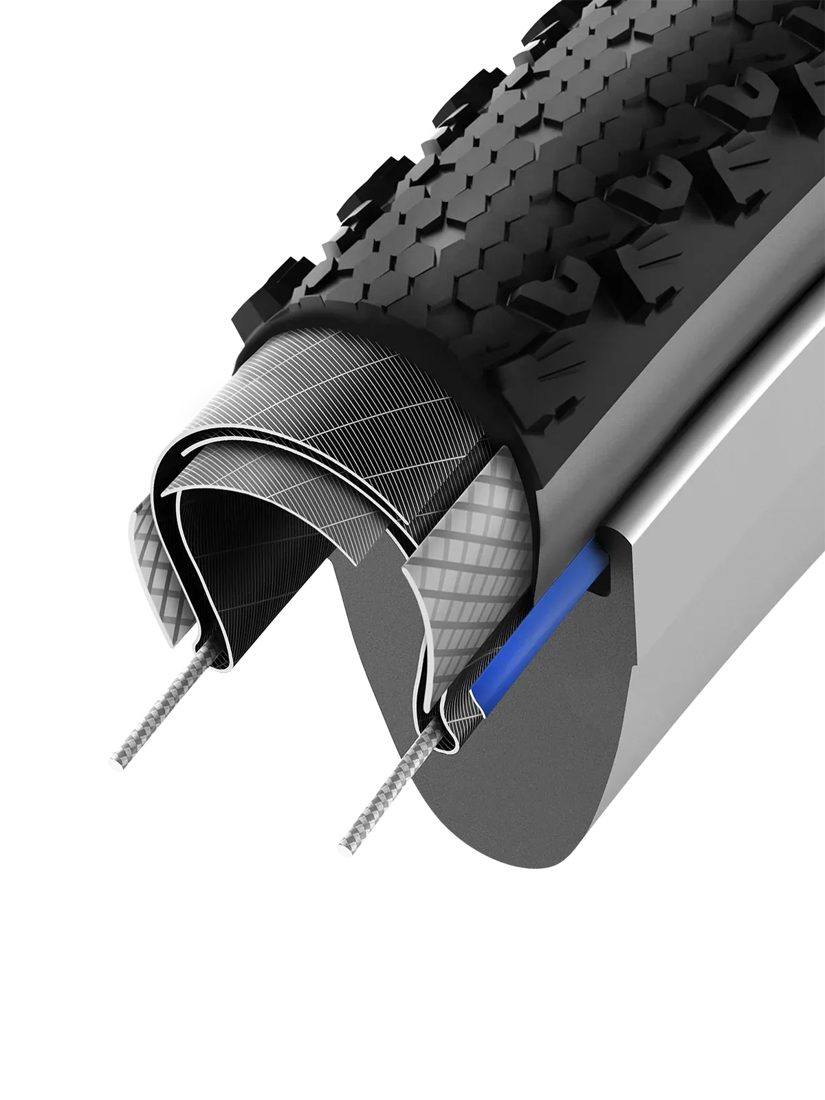 Close-up of a dissection of a bicycle tyre showing the layers of protection on a white background