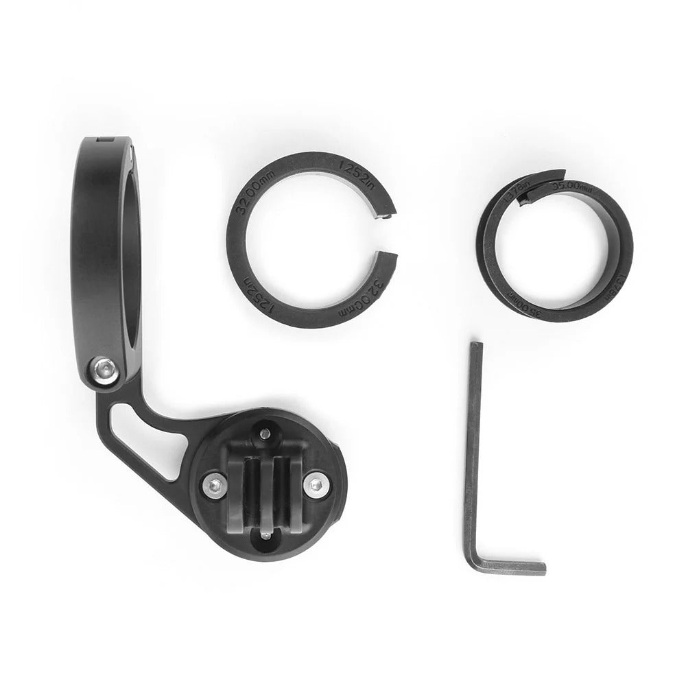 Black Bicycle Computer Mount with attachments on a white background