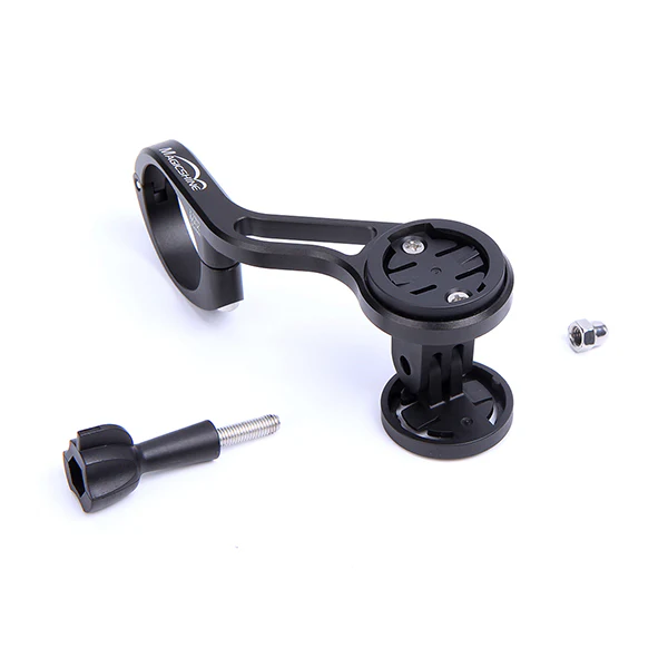 Black bike handlebar mount with additional component on a white background
