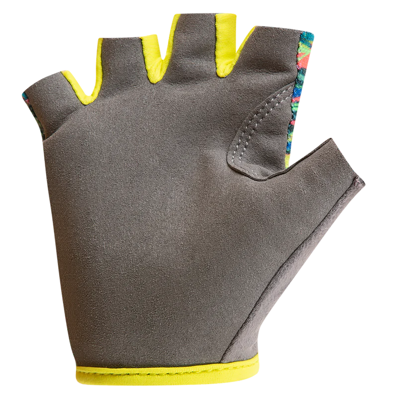 Back of a kids cycling glove glove with yellow accents on a white background