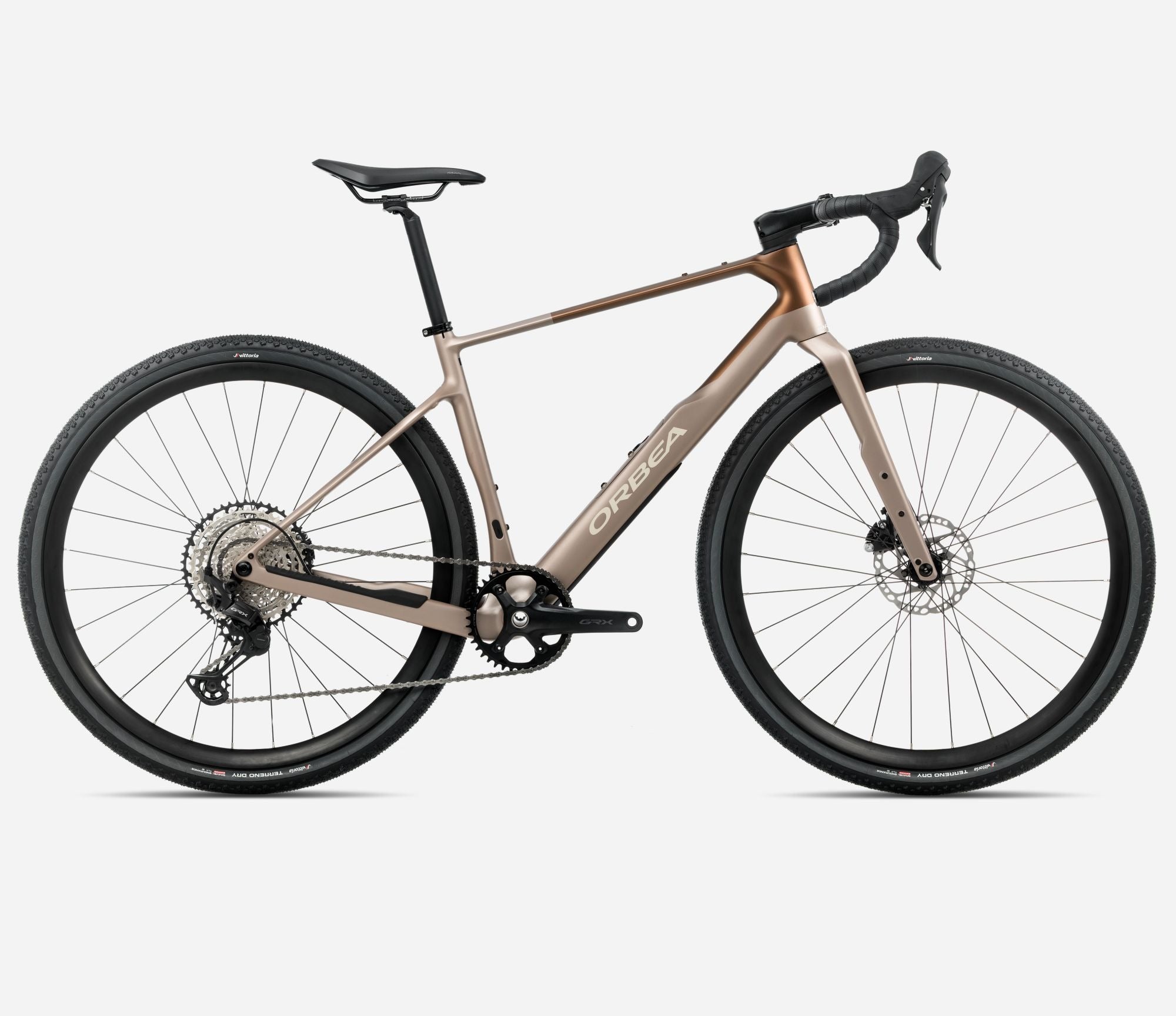 Bronze Orbea Gravel Bike on a white background
