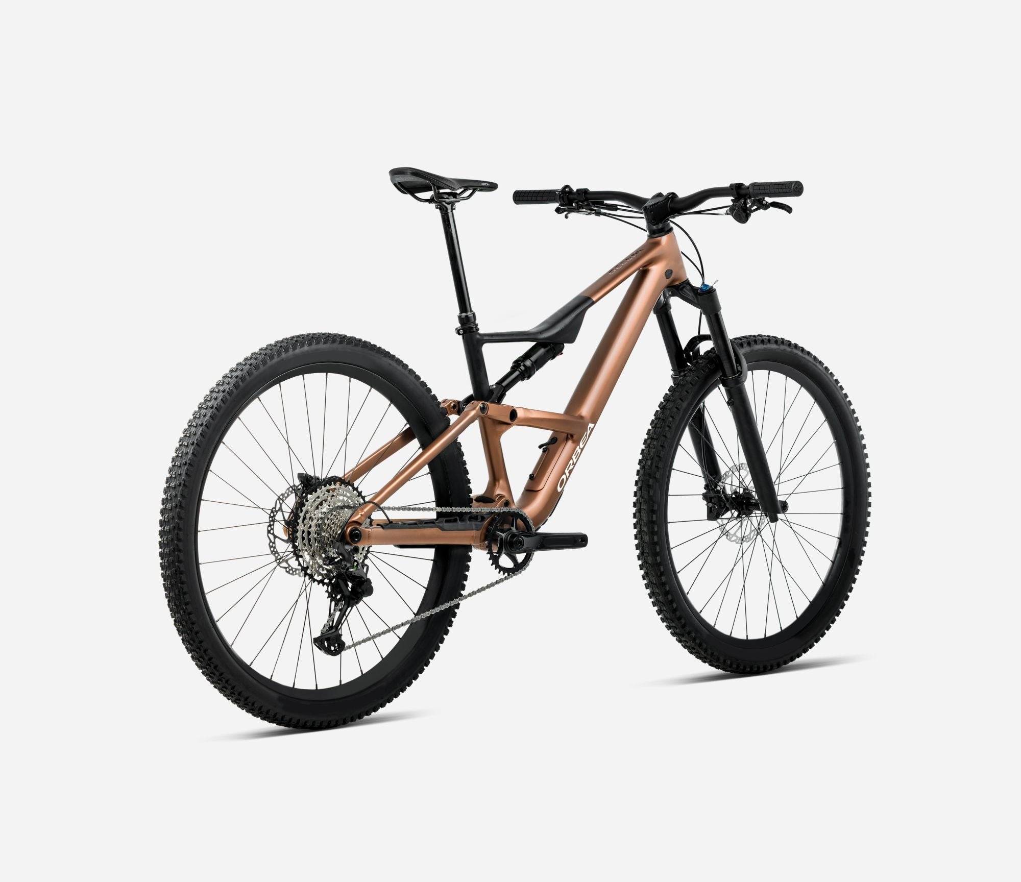 A bronze Orbea Dual Suspension Mountain Bike against a white background