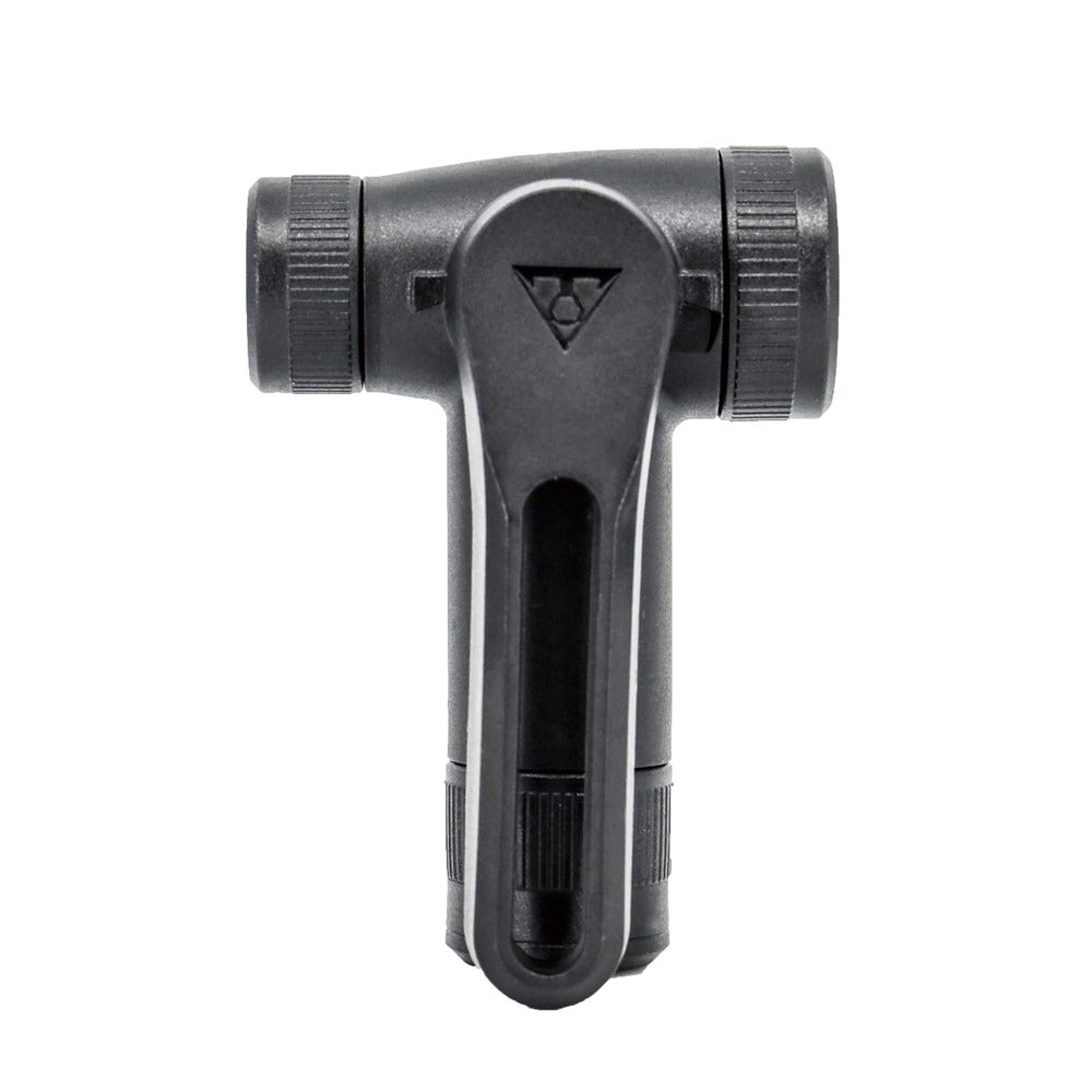 Black pump head for bicycle pump with a brand logo on a white background